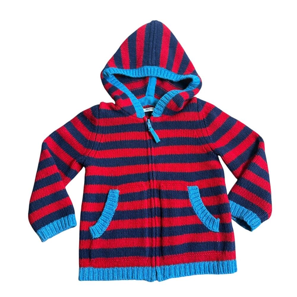 Baby Boden Knit Hoodie Blue Red Striped Wool Size 2-3 years